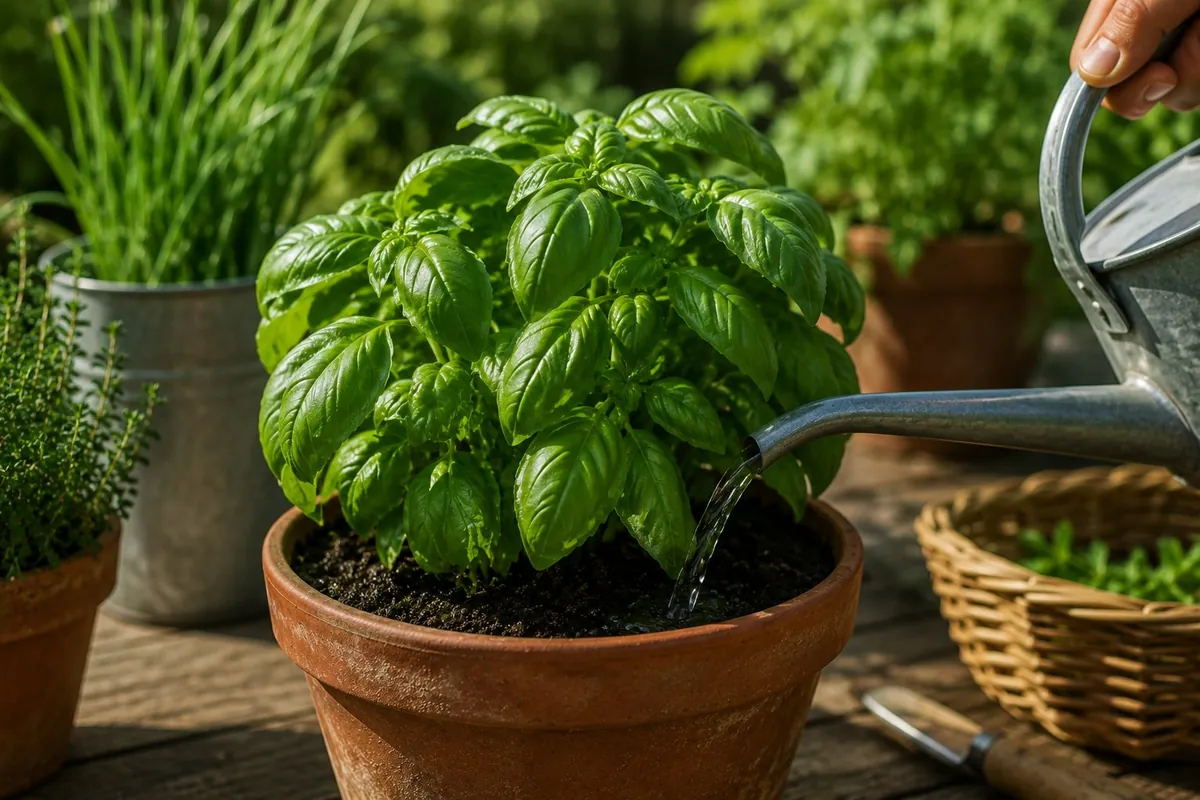 Arrosage au pied d'un plant de basilic en pot, le matin