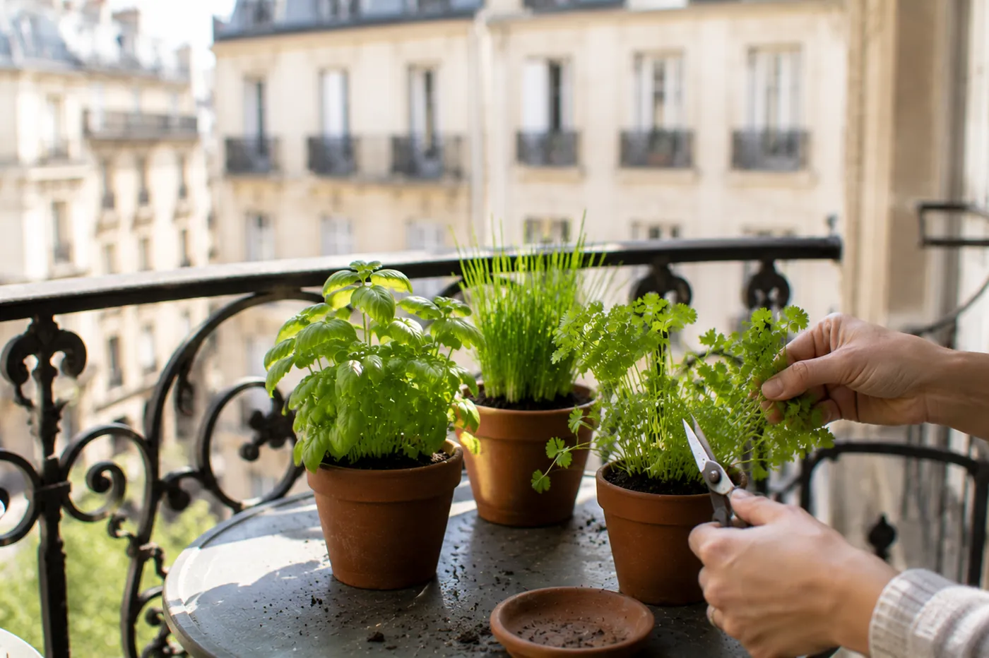 Mains récoltant des herbes aromatiques au ciseau sur un balcon parisien, parmi des pots de basilic, ciboulette et coriandre