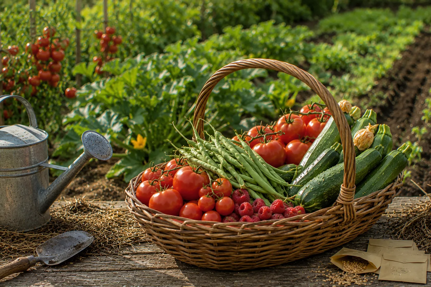 Potager en plein été : tomates, courgettes et arrosoir au soleil de juillet