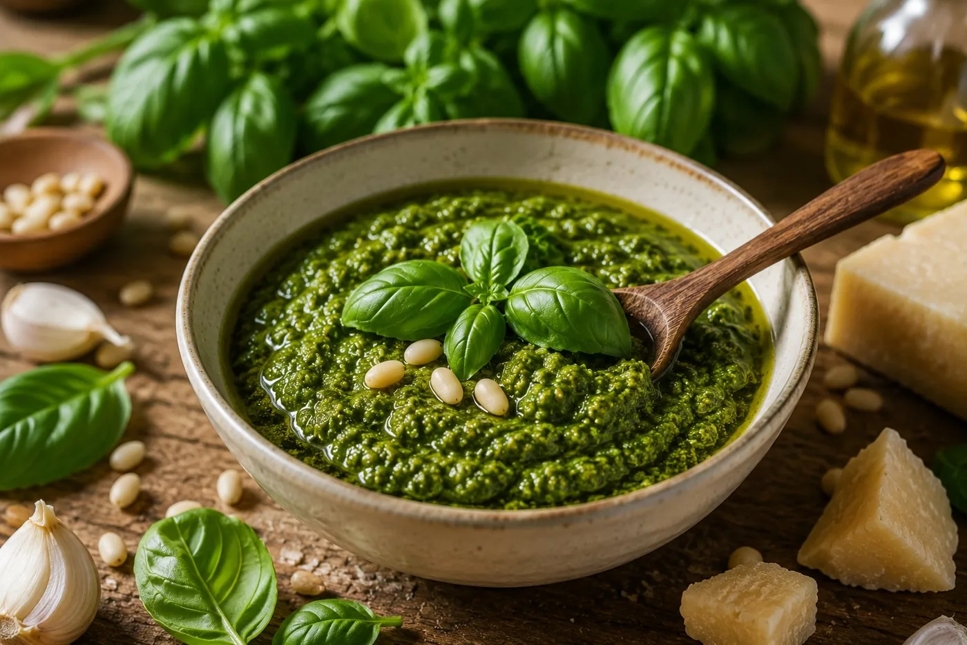 Pesto de basilic maison dans un bol, basilic et pignons