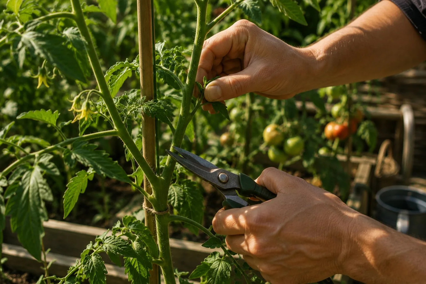 Mains pinçant un gourmand sur un plant de tomate tuteuré
